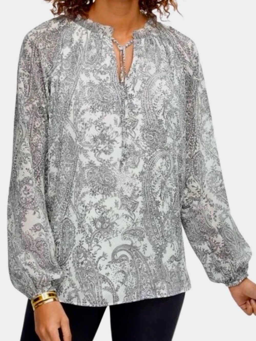 Talbots Shirred Tie Neck Paisley Top in Cream/Black Womens LP